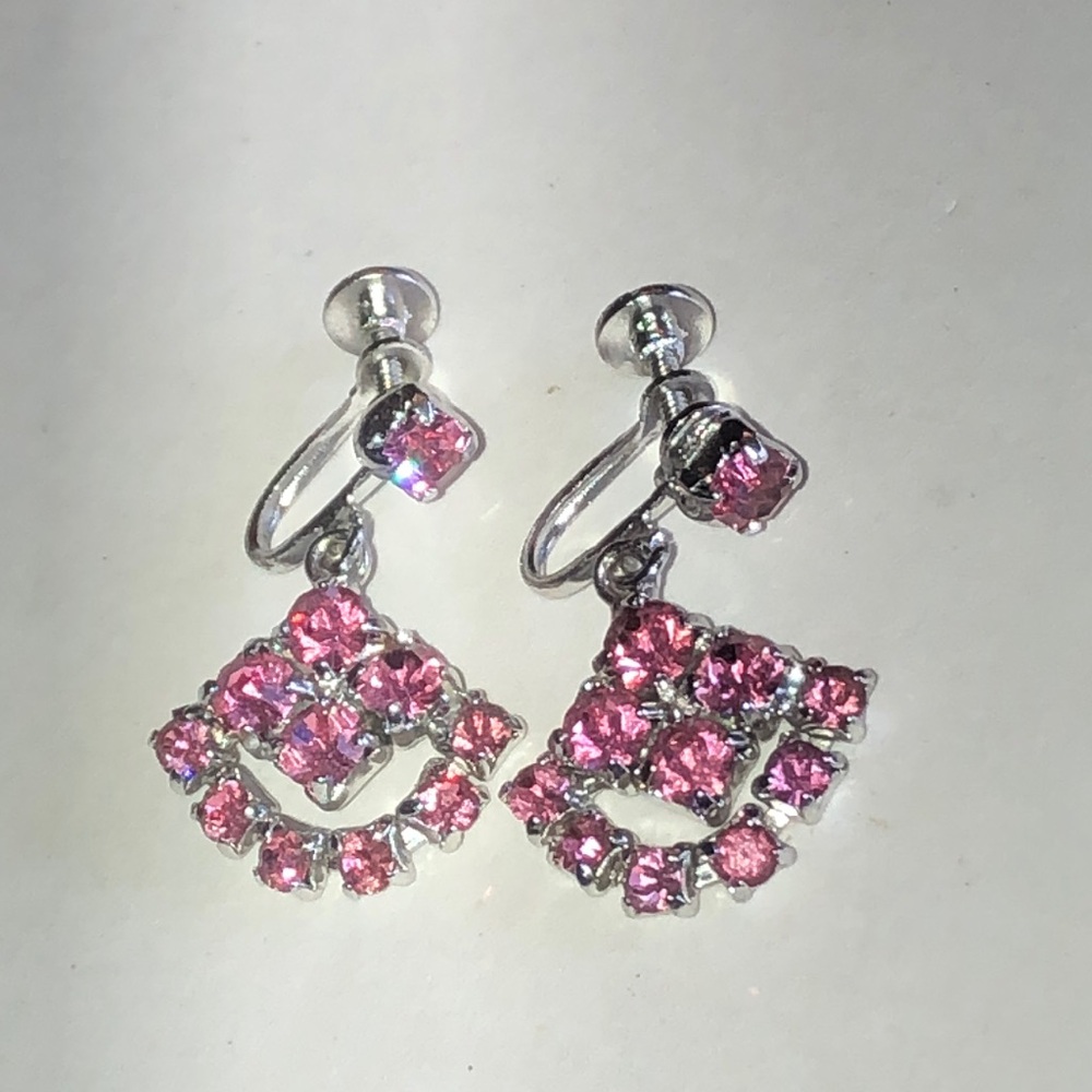 Pink Crystal Drop Vintage Screwback Earrings